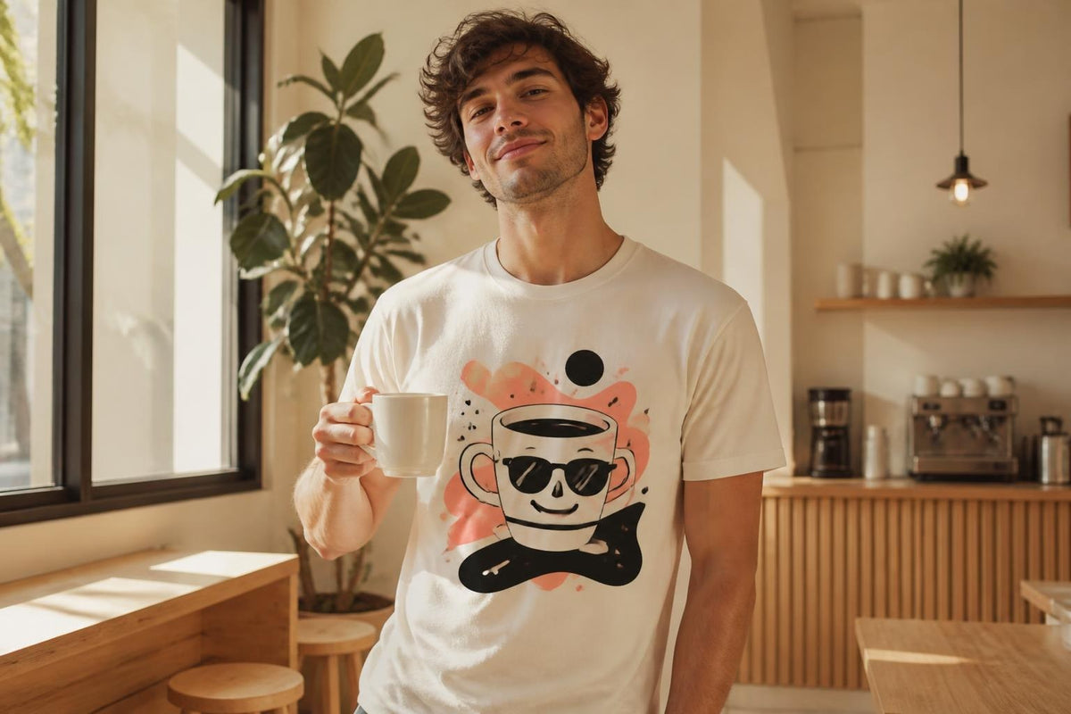 Man with a coffee mug wearing a funny coffee cup with sunglasses graphic tee