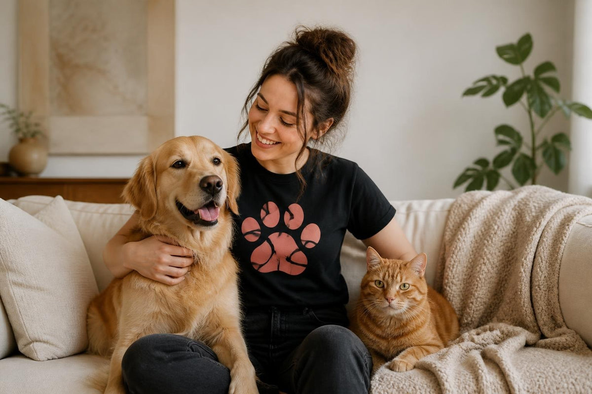 Woman on a sofa with her golden retriever and ginger cat, wearing a paw print graphic tee