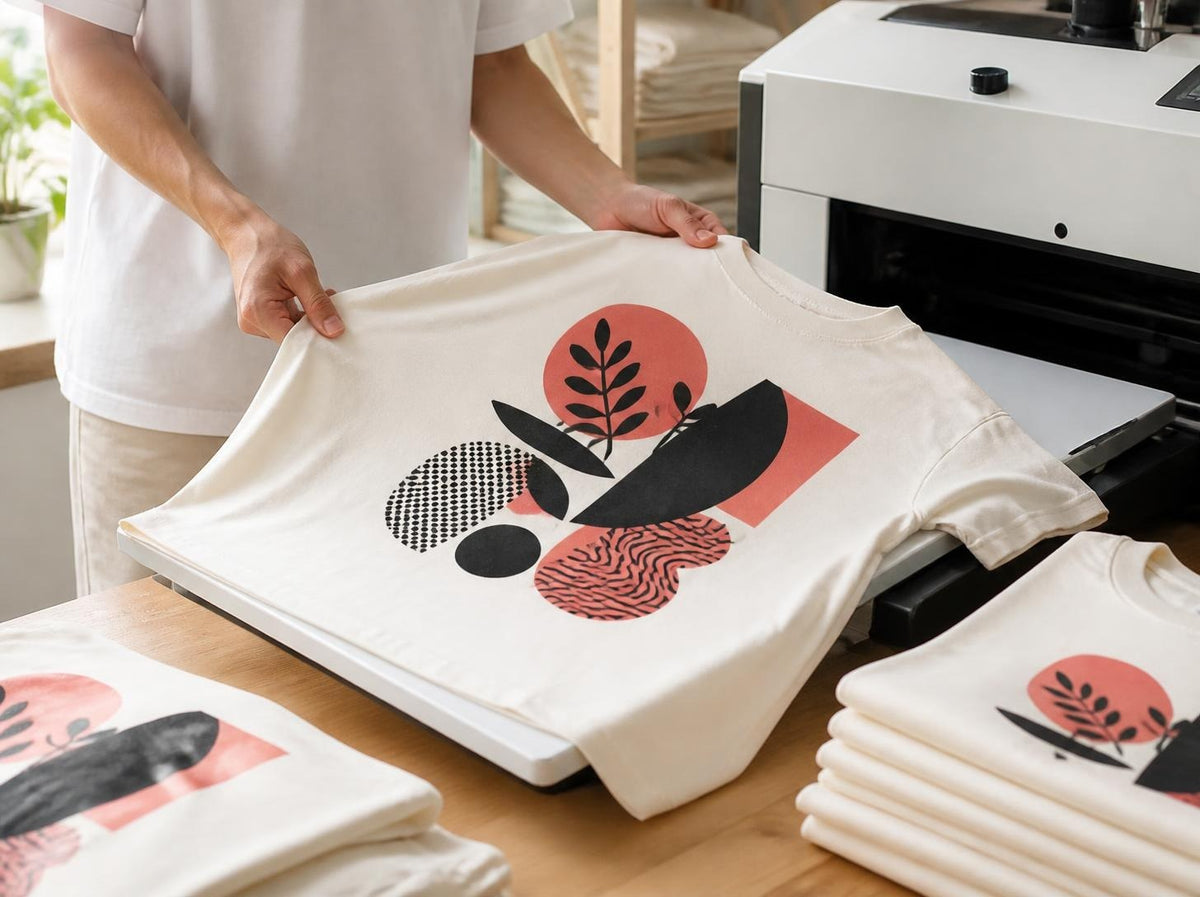 Freshly printed graphic tee being lifted from a garment printer in the Inkida studio