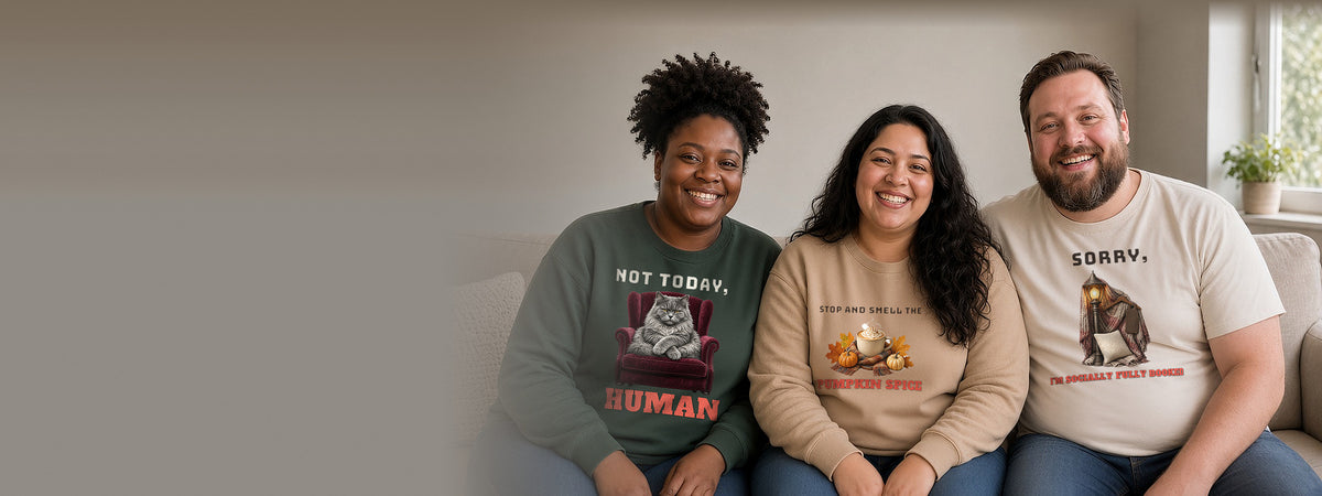 Three people in Inkida plus size designs: Not Today Human, Pumpkin Spice, Socially Fully Booked