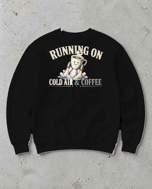 Running On Cold Air and Coffee Rocket Mug Sweatshirt in Black, Inkida mockup