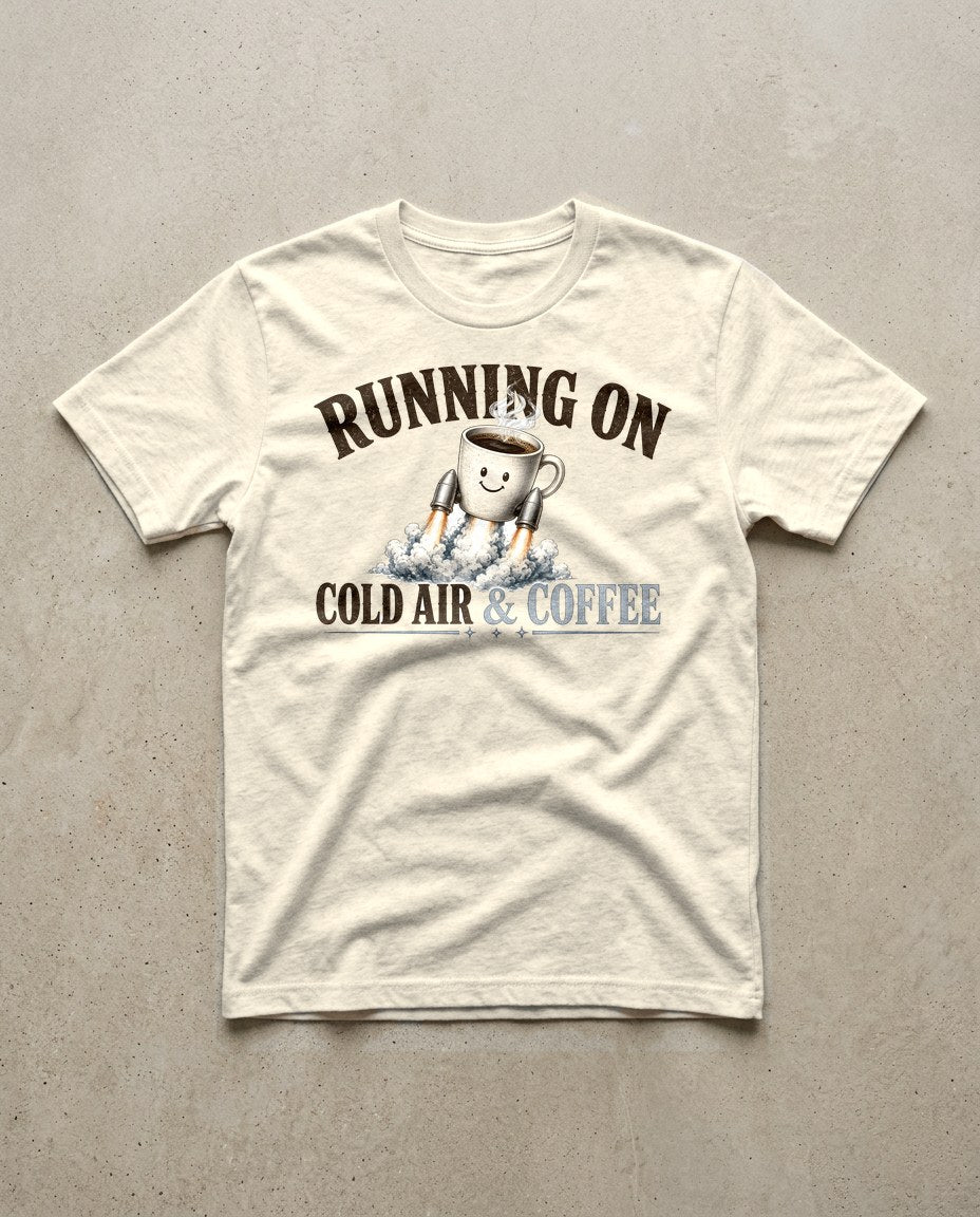 Running On Cold Air and Coffee Rocket Mug Tee in Natural, Inkida mockup