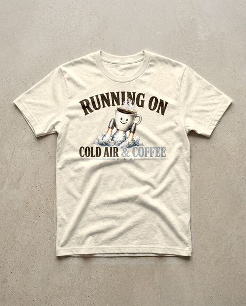 Running On Cold Air and Coffee Rocket Mug Tee in Natural, Inkida mockup