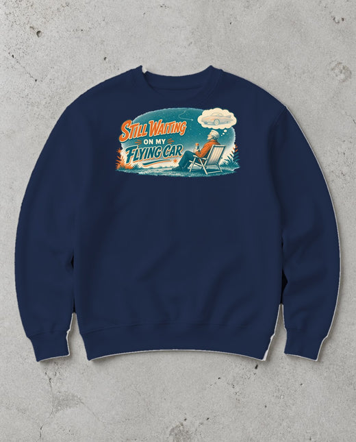 Still Waiting On My Flying Car Retro Sweatshirt in Navy, Inkida mockup