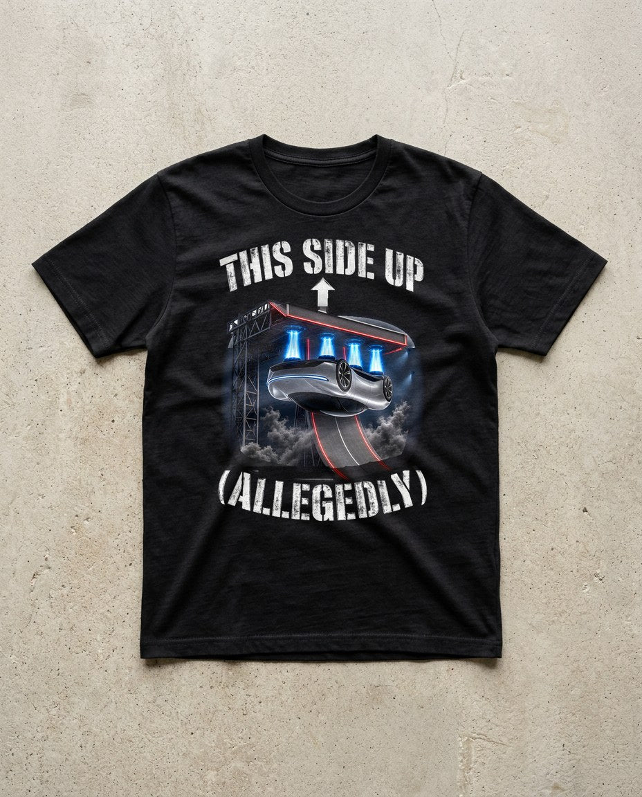 This Side Up Allegedly Upside Down Hover Car Tee in Black, Inkida mockup
